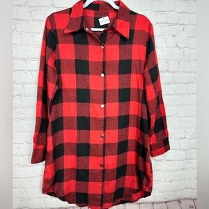 Apricot Lane red‎ plaid flannel button front long sleeve shirt dress sz M, NWT